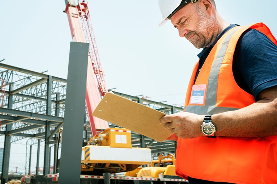 A man wearing safety gear, including a hard hat and reflective vest, standing in a construction area while looking at a map