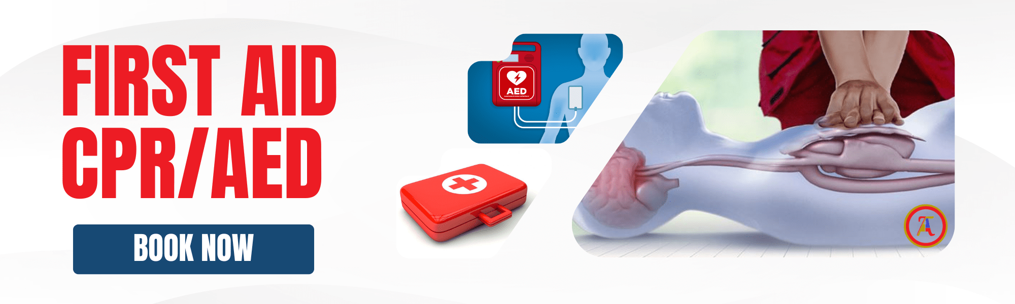 First AID Cpr/Aed with book now button banner