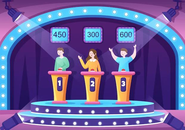 3 people on stage with points card above their head