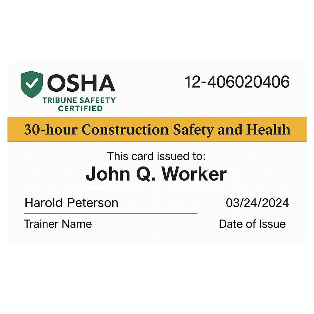 OSHA 30-hour construction safety certification card.