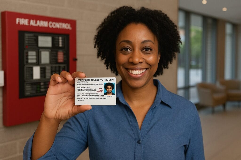 Smiling person holding identification card indoors.